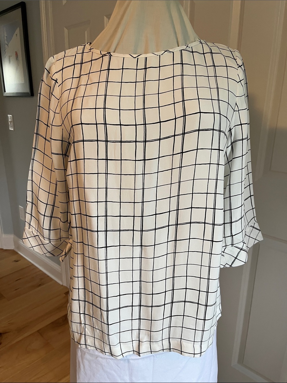 NWT J. Jill Cream Blouse with Black Windowpane Grid